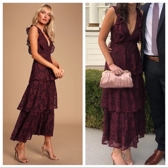 NWOT Lulus Molinetto Burgundy Lace Ruffled Tiered Sleeveless Maxi Dress - Picture 10 of 16